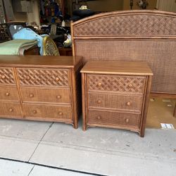 Classic Rattan bedroom, set consisting of one large dresser, nightstand, and queen size/twin headboard