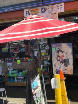 Red & White Striped Outdoor Patio Umbrella / Market Umbrella with weighted base