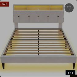 Bed Bath & Beyond Bed Frame Storage Headboard RGB LED Lights Upholstered Platform Bed - Beige Full