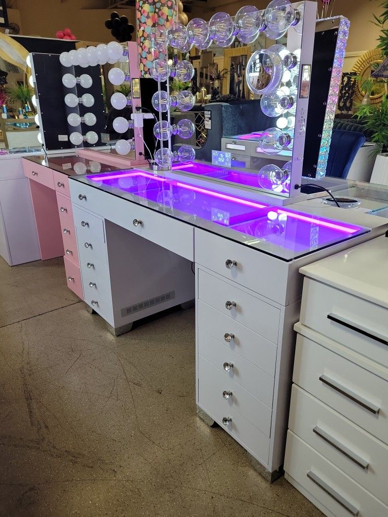 Vanity Table with Fridge and Mirror with Bluetooth Speakers