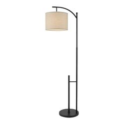 NY: Modern Black Metal Arc Floor Lamp with Linen Drum Shade