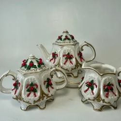 Vintage Christmas Candy Cane And Holly Tea Set