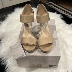 Jimmy Choo, Alana Patent Leather Nude Sandel, 37.7 Or 7-8size 