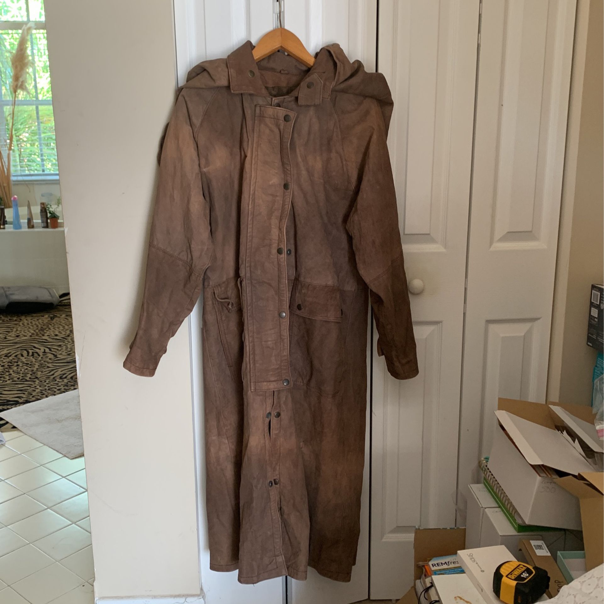 Gorgeous Brown Leather Long Coat, Snap Off Hood