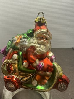 Santa on Scooter Glass Christmas Ornament Gifts Tree Glitter 4.5”