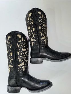 Alfa Rare Western Boots Women’s 7 EE Black Cutout Leather Floral Gold Underlay