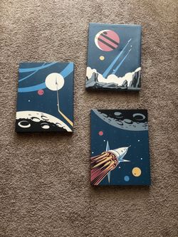 Set of 3 Retro Space Rocket Canvas Wall Art