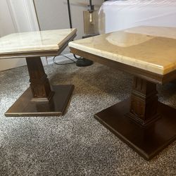 Mid Century Walnut And Marble End Tables 