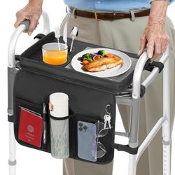 Tray accessory for a walker with cup holder and pockets. Walker sold separately