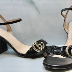 Gucci Black Leather/Sequin GG Marmont Open Toe Sandals