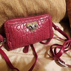 Brighton Burgundy Croc Embossed Leather Wallet Crossbody Bag Wristlet 6" X 3.5"