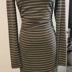 New Ann Taylor Long Sleeve Stripe Dress With Ruching, XXS, Retail $129