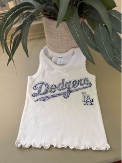 White sleeveless tank with blue rhinestone Dodgers script and LA logo. Cute bow