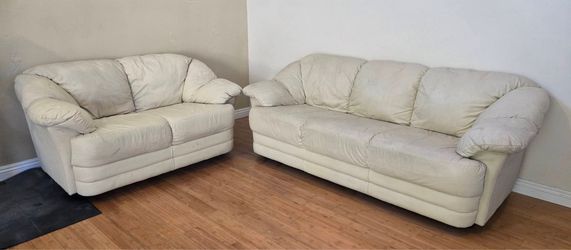 Vintage-style Cream Real Leather Couch and Love Seat