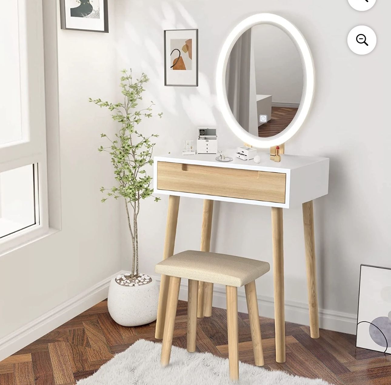 F303   ELEWISH Makeup Vanity Table Set with 3 Modes Adjustable Lighted Mirror Cushioned Stool, Dressing Table for Small Space with Free Make-up Org