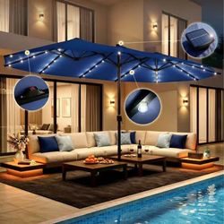 15FT Extra Wide Patio Umbrella with Heavy Base, 12 Ribs, SummerVibes Solar Lights（blue）