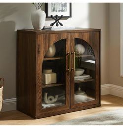 New -Glass Arched Door Sideboard Buffet Cabinet, Brown Modular, Multi-Compartment Storage, Adjustable Shelf, Soft Close Hinges, Freestanding, for Dini