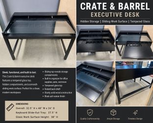 Crate & Barrel Modern Executive Desk w/ Sliding Glass Top & Hidden Storage