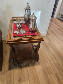 Vintage Solid Oak Tea Cart / Bar Cart – Rolling Serving Trolley with Spoke Wheels