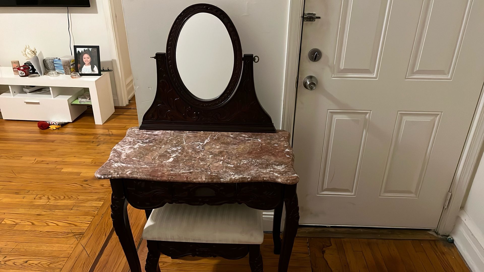 Dark Cherry Wood Marble Top Vanity W/ Mirror