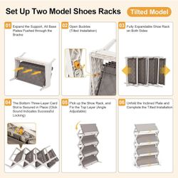 Four-tier slanted folding shoe rack, freestanding design, suitable for front door entrances, garages, hallways, and living rooms.  Space-saving and co
