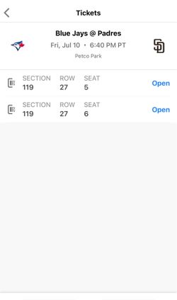 Padres vs Blue Jays Friday 7/10 - 2 tickets section 119