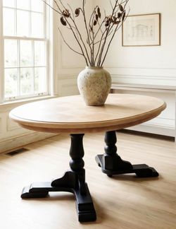 Solid Light Wood Dining Table with Leaf and Black Base