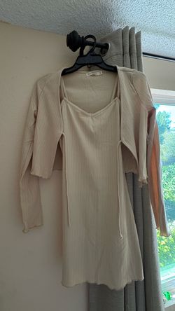 Cream Ribbed Mini Dress with Cardigan Set SIZE M