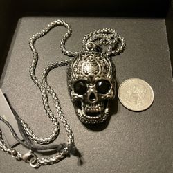 New Stainless Steel Skull Pendant Necklace With Black Zirconia Eyes.        