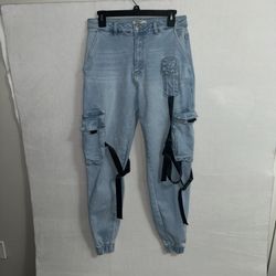 American Bazi Jeans Women’s Large Blue Light Wash Cargo Jeggings 90s Buckles Cropped Casual 