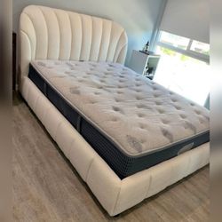 Cream teddy bear fabric comfortable Queen platform bed frame