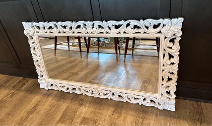 Large Ornate Carved Wood Wall Mirror – Antique White Farmhouse Decor