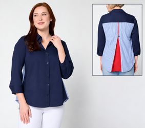 Joan Rivers Peek-A-Boo Stripe or Solid Button Front Shirt Navy, Size 1X