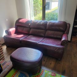 McKinley Genuine Leather Burgundy Couch And Ottoman 