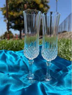 Vintage Pair (2) Cristal D’ Arques 8” Stem Champagne Flutes Longchamp Crystal Glasses