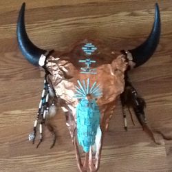Original Large Buffalo Skull Head In Copper & Real Turquoise 
