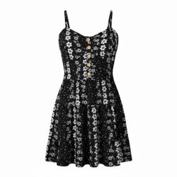 Black Floral Spaghetti Strap Mini Dress
