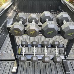 RUBBER  HEX  DUMBBELLS  &  SMALL  2  TIER  RACK   (PAIRS OF)  :  8s  12s  20s  30s 