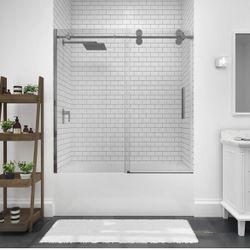 New OVE Sydney Bathtub Frameless 60” Sliding Glass Door Satin Nickel Finish