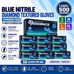 8 Mil Blue Nitrile Exam Gloves Diamond Textured 11” Extended Cuffs 500 Piece