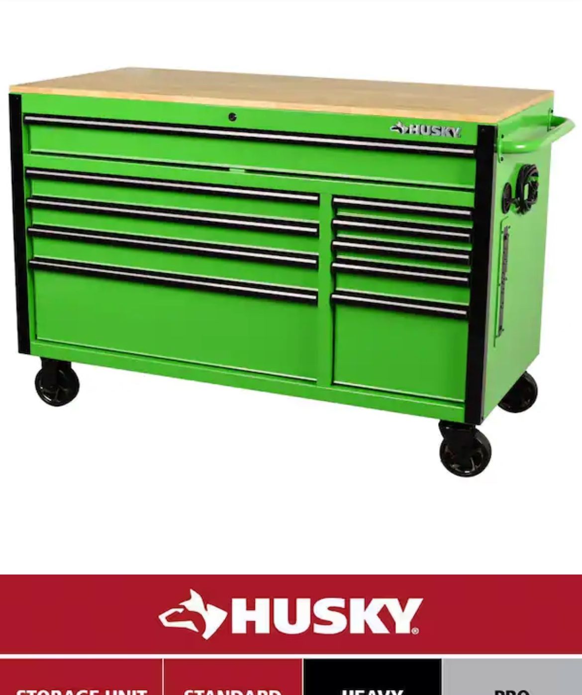 Husky Standard Duty 10-Drawer Mobile Workbench Tool Chest with Solid Wood Work Top in Gloss Green