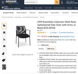 OFM Essentials Collection Mesh Back Upholstered Side Chair with Arms, in Black (ESS-8010)