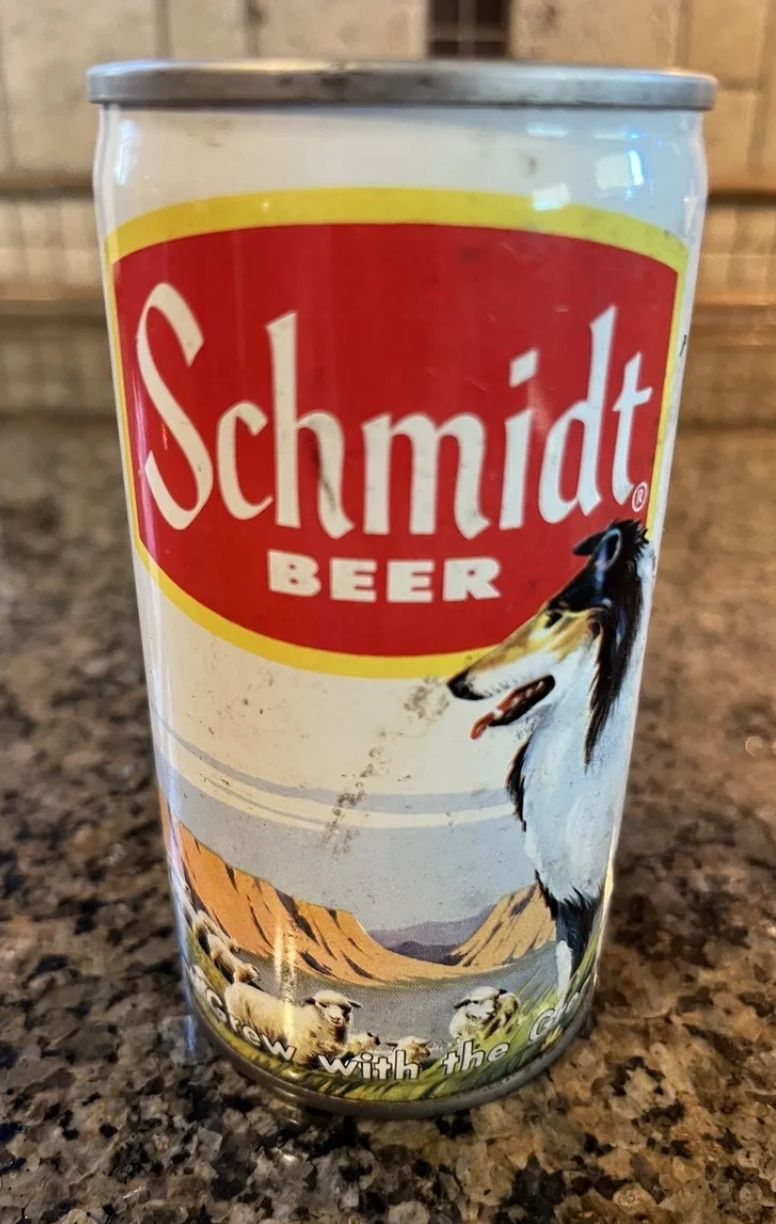 SCHMIDT STRONG 5 CITY CRIMPED PULL TAB BEER CAN #198-11 SET 16 LASIE COLLIE DOG