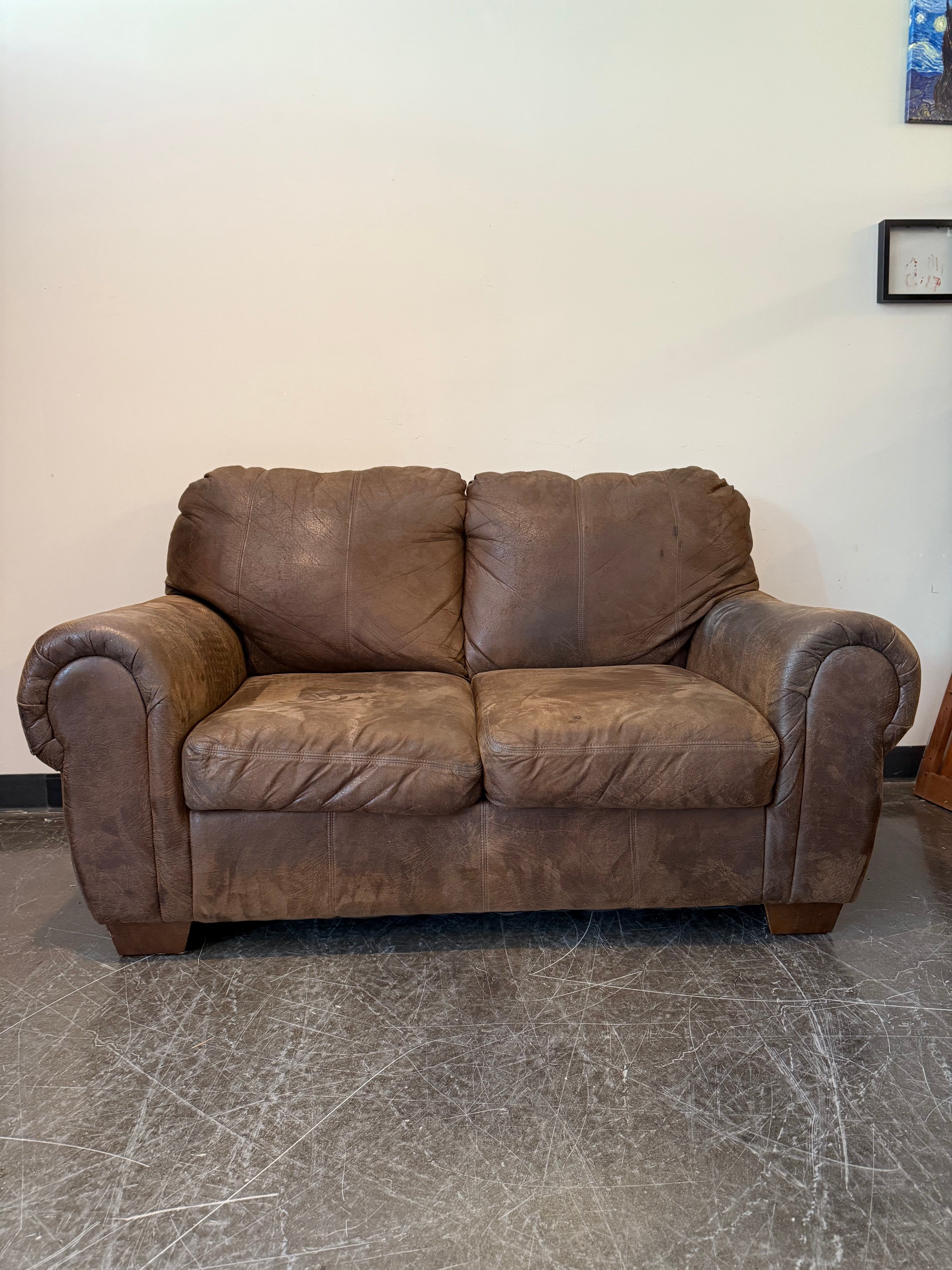 Brown Faux Leather Loveseat – Rolled Arms