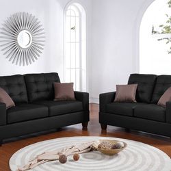 🎨 Sofa Set 2 Pcs, Black Faux Leather, New In The Box.
