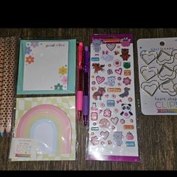 Stationary Bundle Sticky Notes Colored Pencils Heart Paper Clips Pens Set