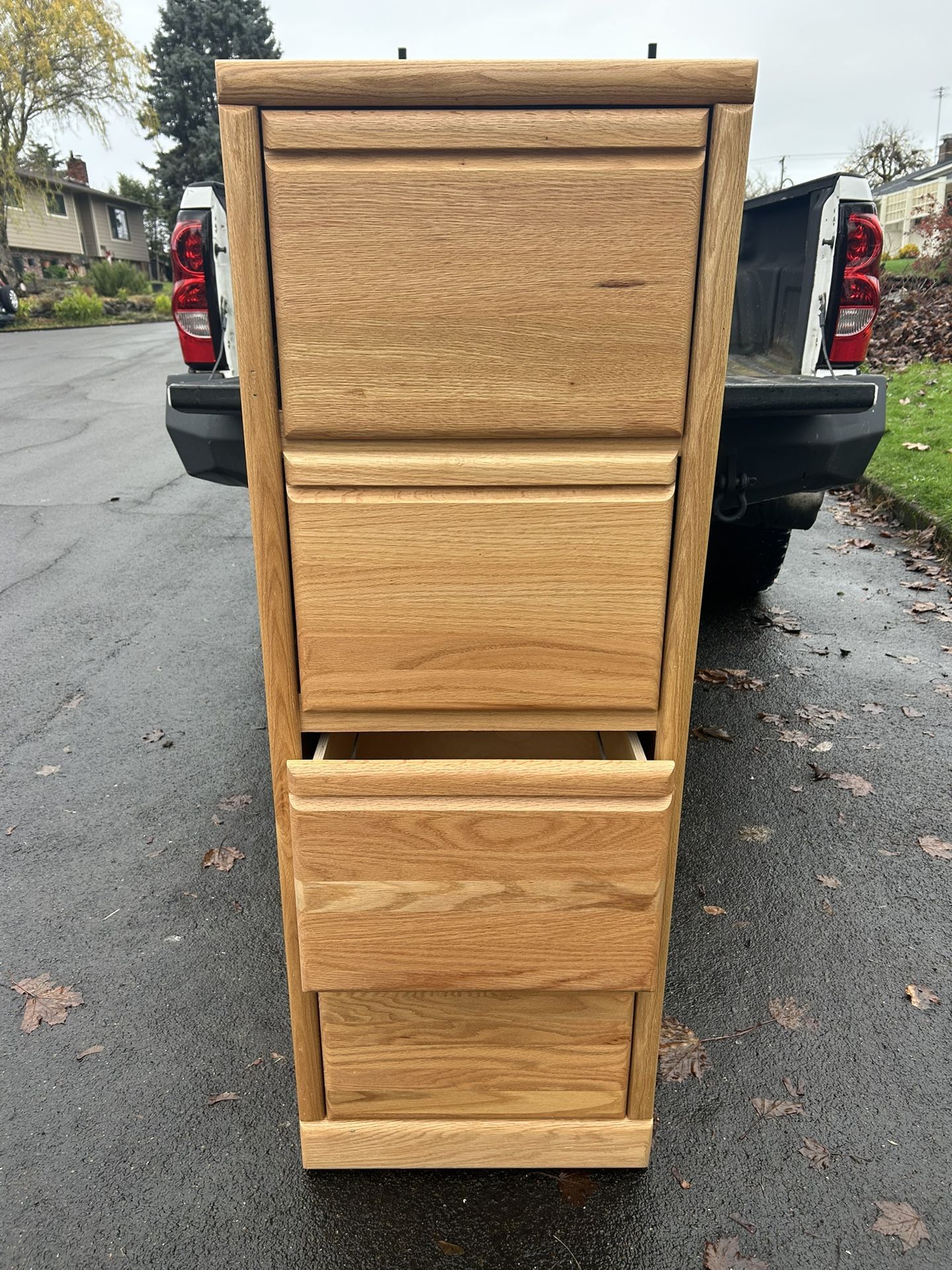 Oak File Cabinet in great shape. Don’t need it anymore. Measures 20 inches wide 19 inches deep and 56 inches tall. $80, cash or Venmo, meet at my h
