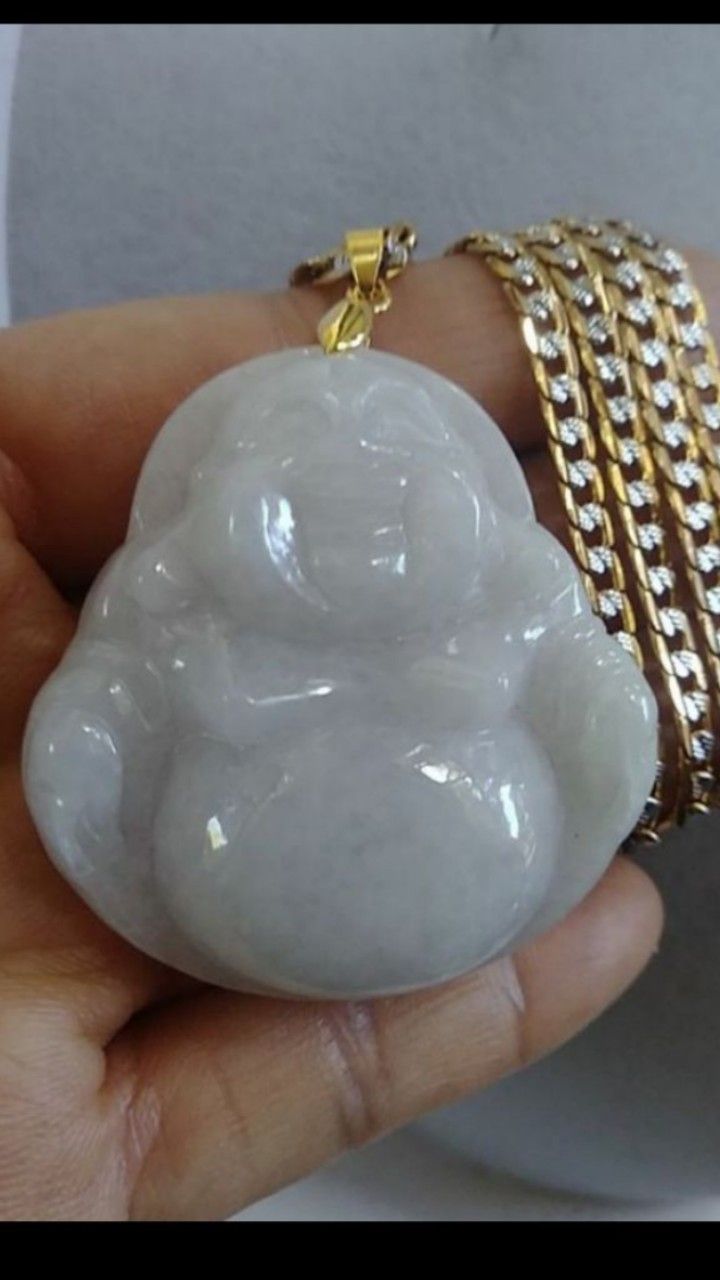 Prayer Happy Buddha genuine icy lavender Burma jade jadeist pendant Trendmax curb Cuban gold filled chain 24" 4mm
