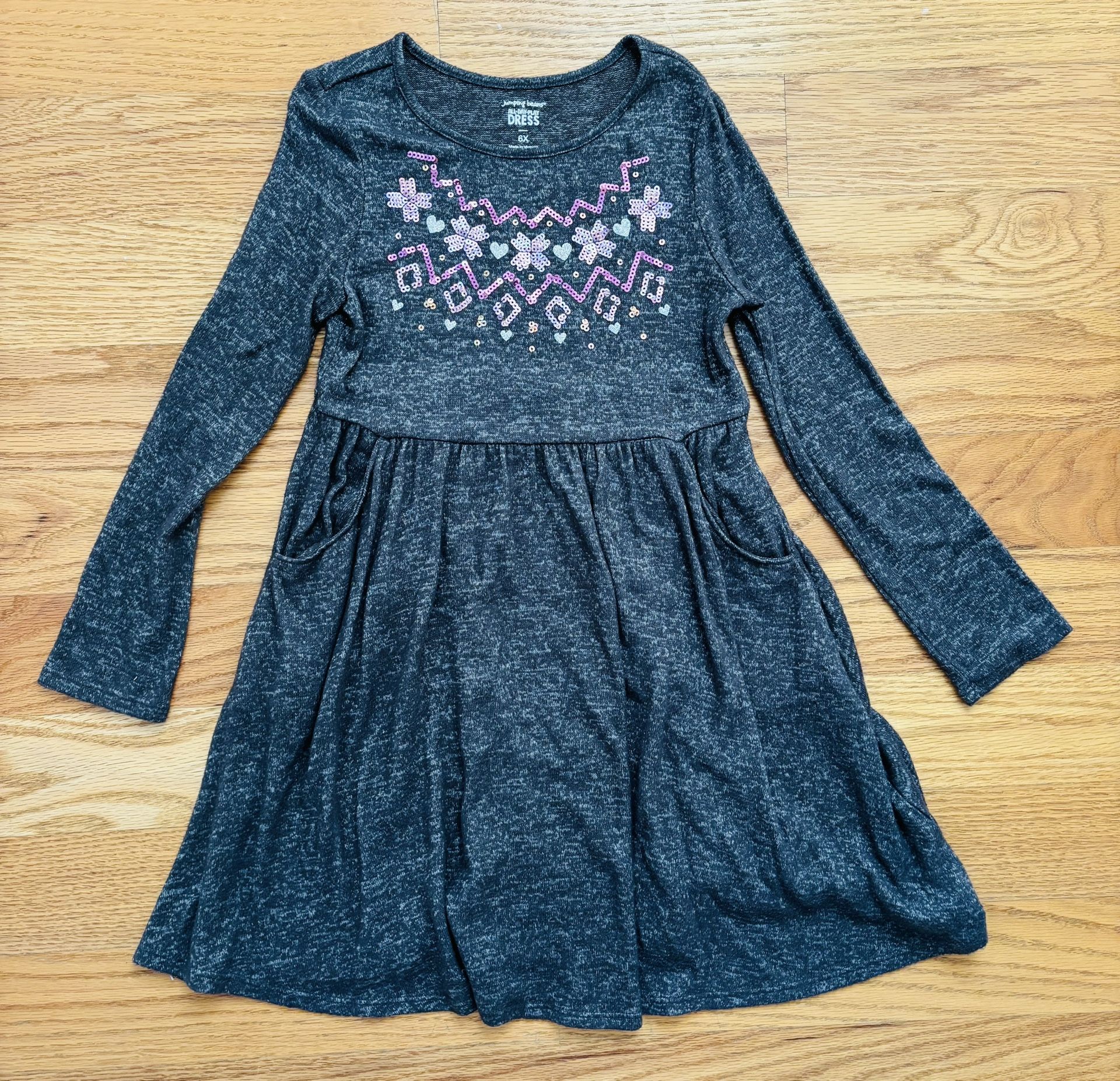 Jumping Beans Heathered Gray Sequin Pocket All Day Play Dress - Size 6X