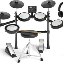 Electric Drum Set with Quiet Mesh Pads,Electronic Drum for Beginner,15 Kits and 195 Sounds,Sticks,Throne,Headphones,USB Cable Included. AED-403